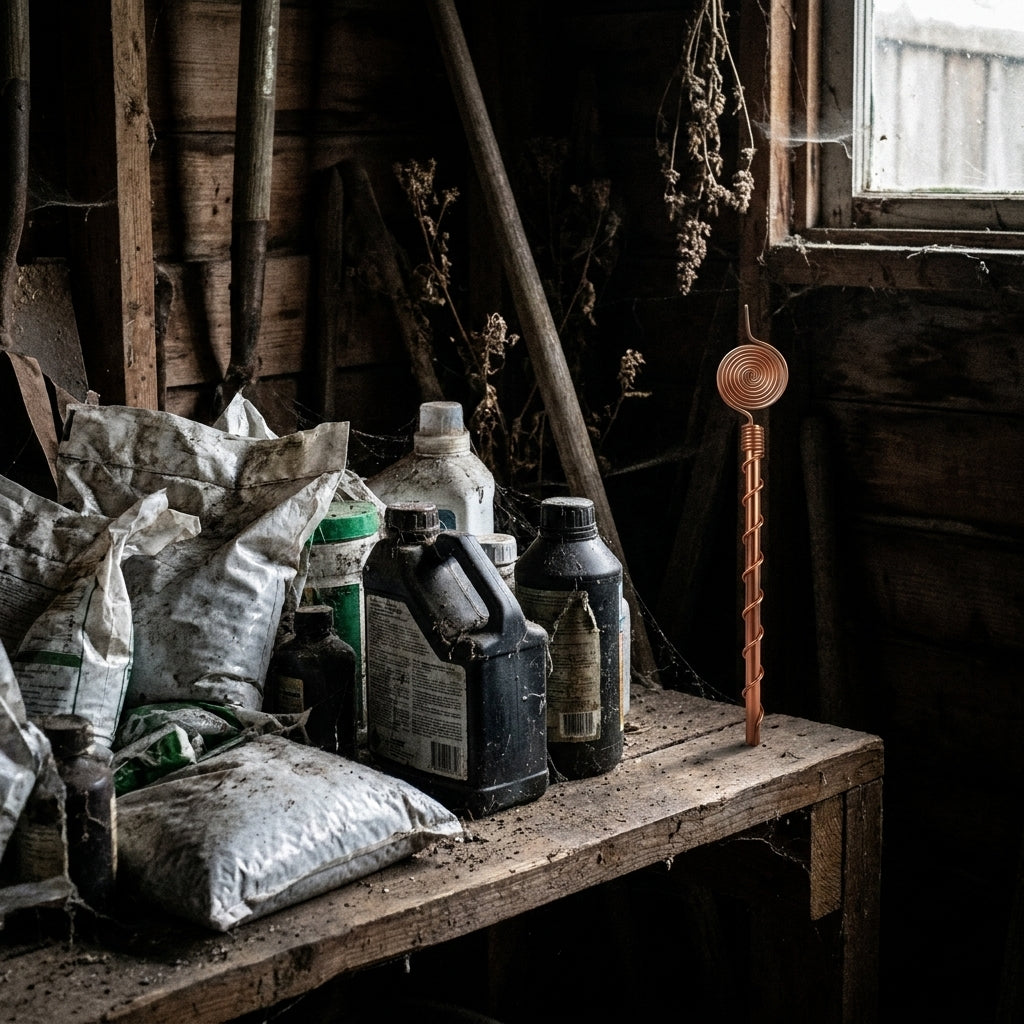 A pile of fertilizer bags beside one simple copper antenna