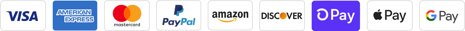 Visa, Mastercard, American Express, PayPal, Amazon Pay, Discover, Shop Pay, Apple Pay and Google Pay accepted