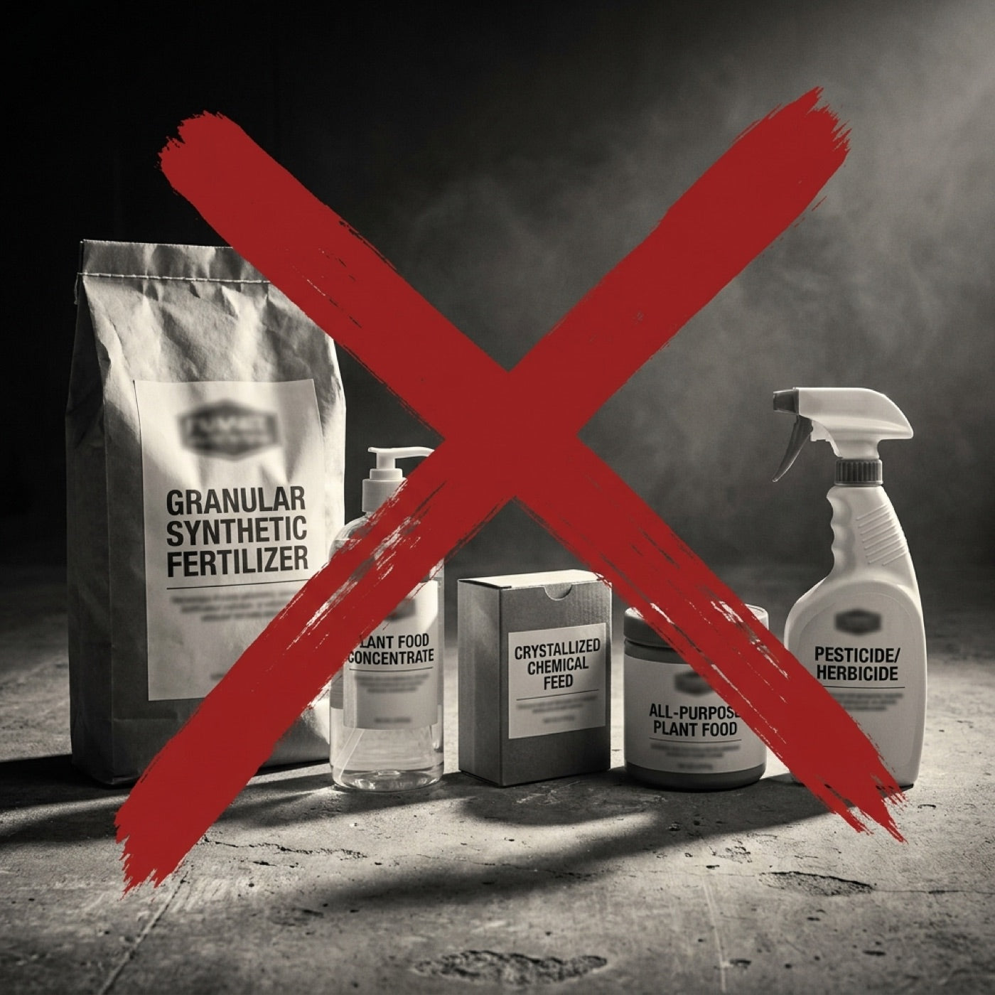 Bags of synthetic fertilizer and pesticide in black and white with a large red X over them