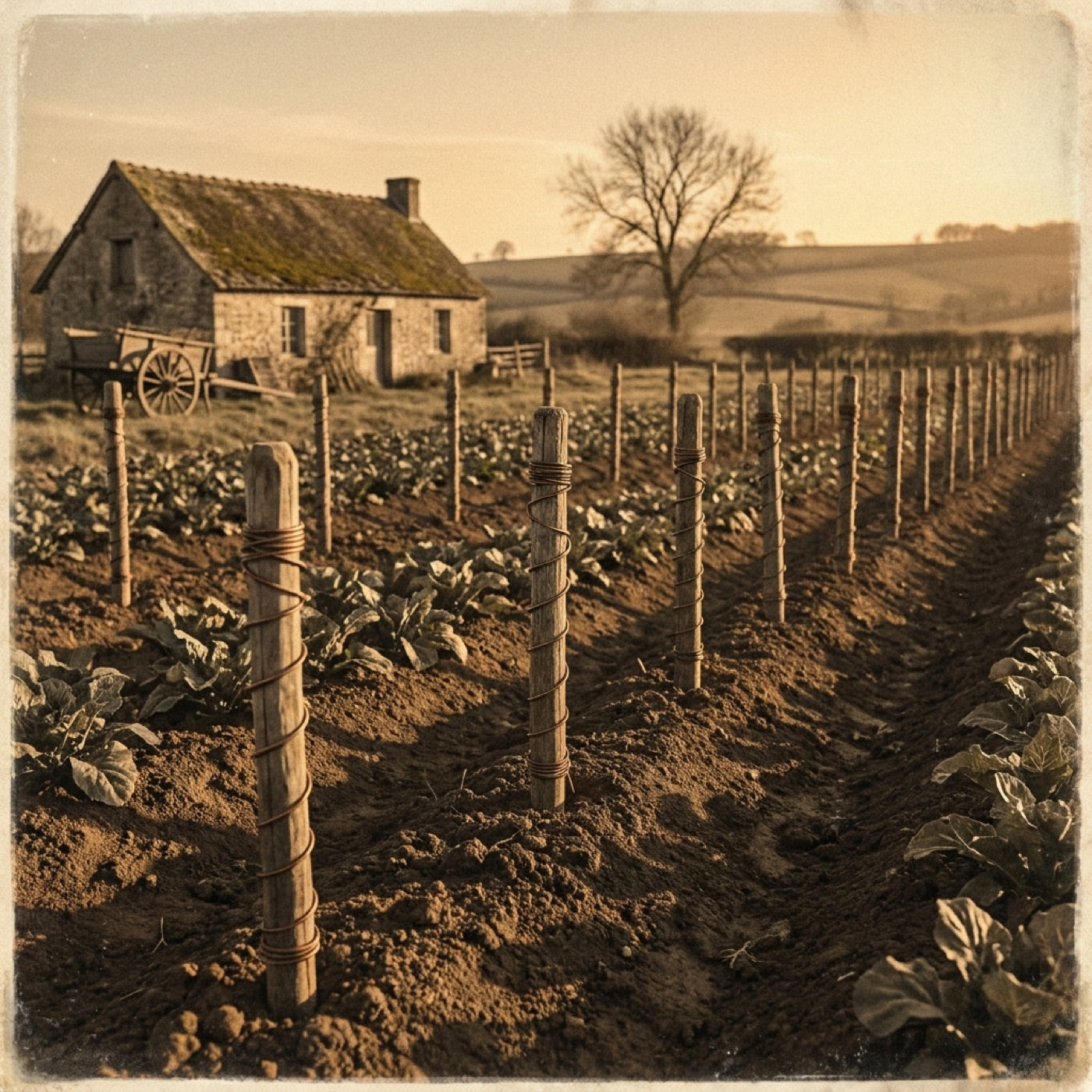A vintage photograph of a tilled field lined with stakes beside a stone cottage