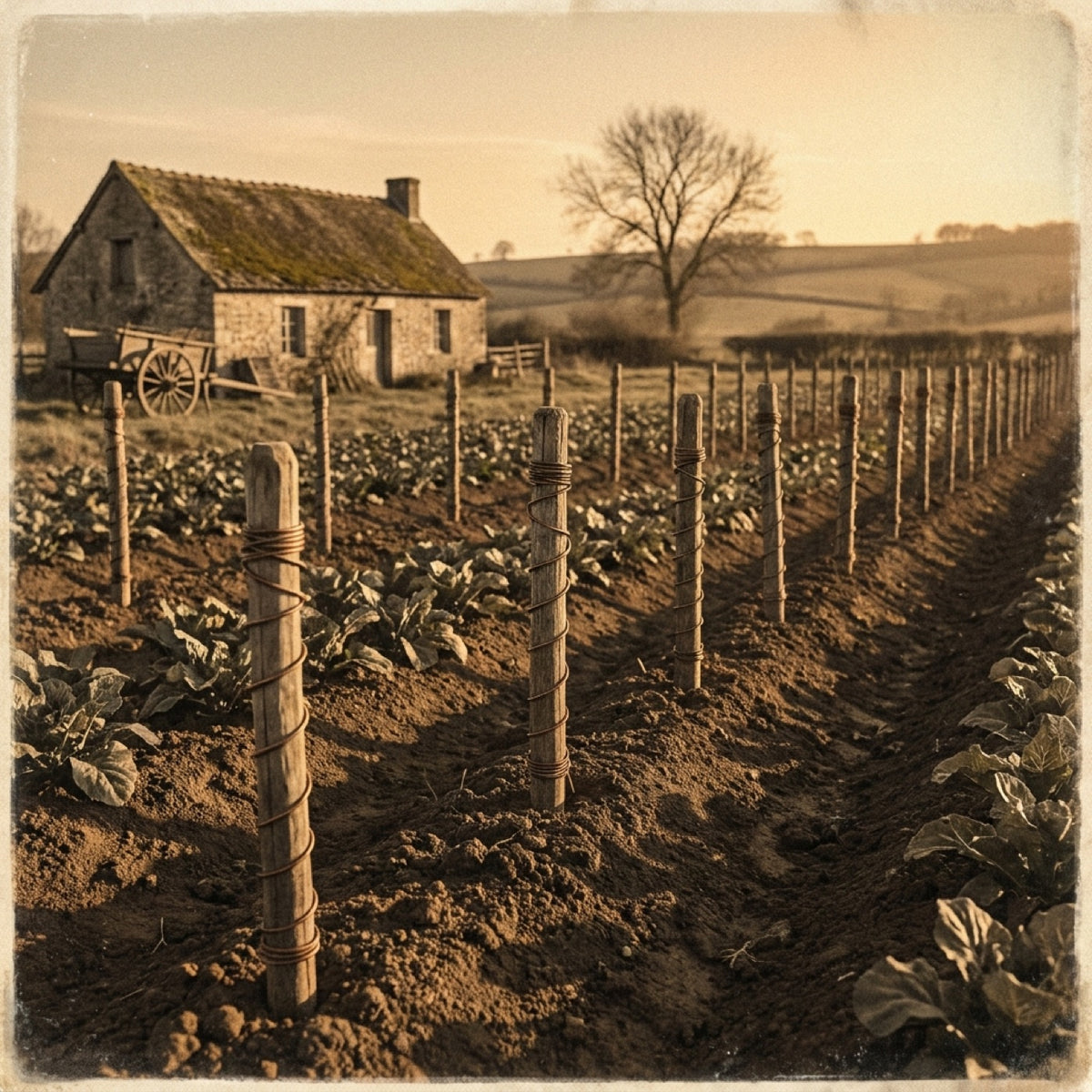 A vintage photograph of a tilled field lined with stakes beside a stone cottage