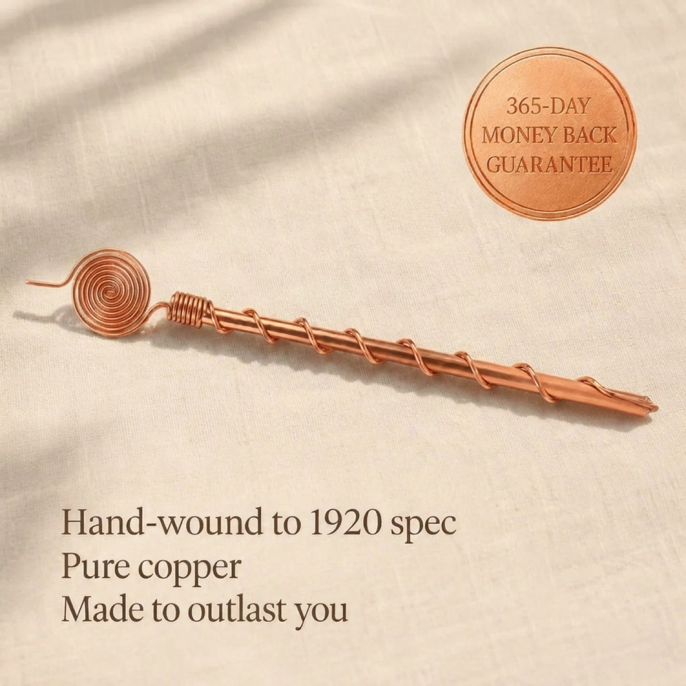 A hand-wound copper antenna beside a 365-day money back guarantee seal