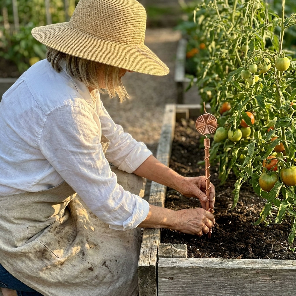 Pushing a copper antenna into a raised bed