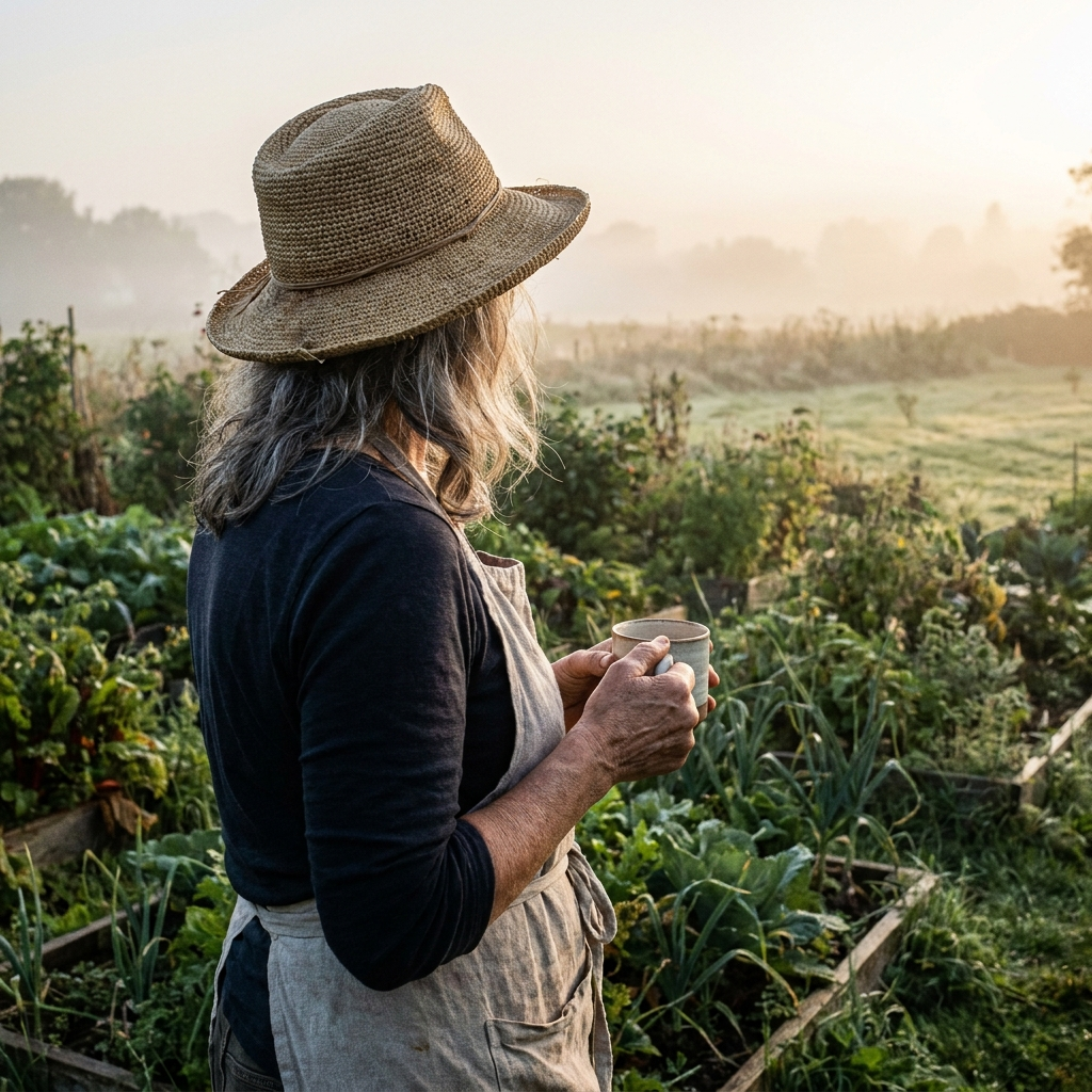 A gardener with a mug of coffee looking out over lush garden beds at sunrise