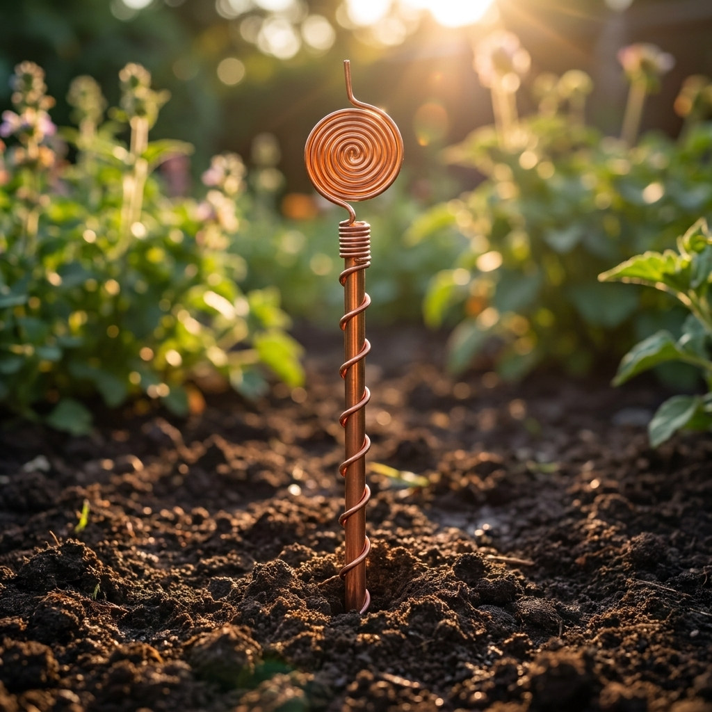 Hand-wound copper spiral antenna planted in soil glowing at golden hour