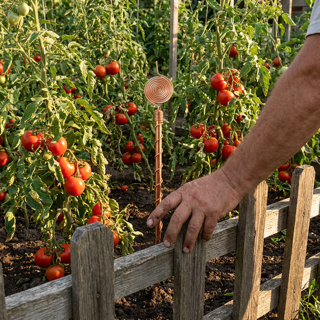 Looking over a backyard fence at a thriving tomato garden with a copper antenna