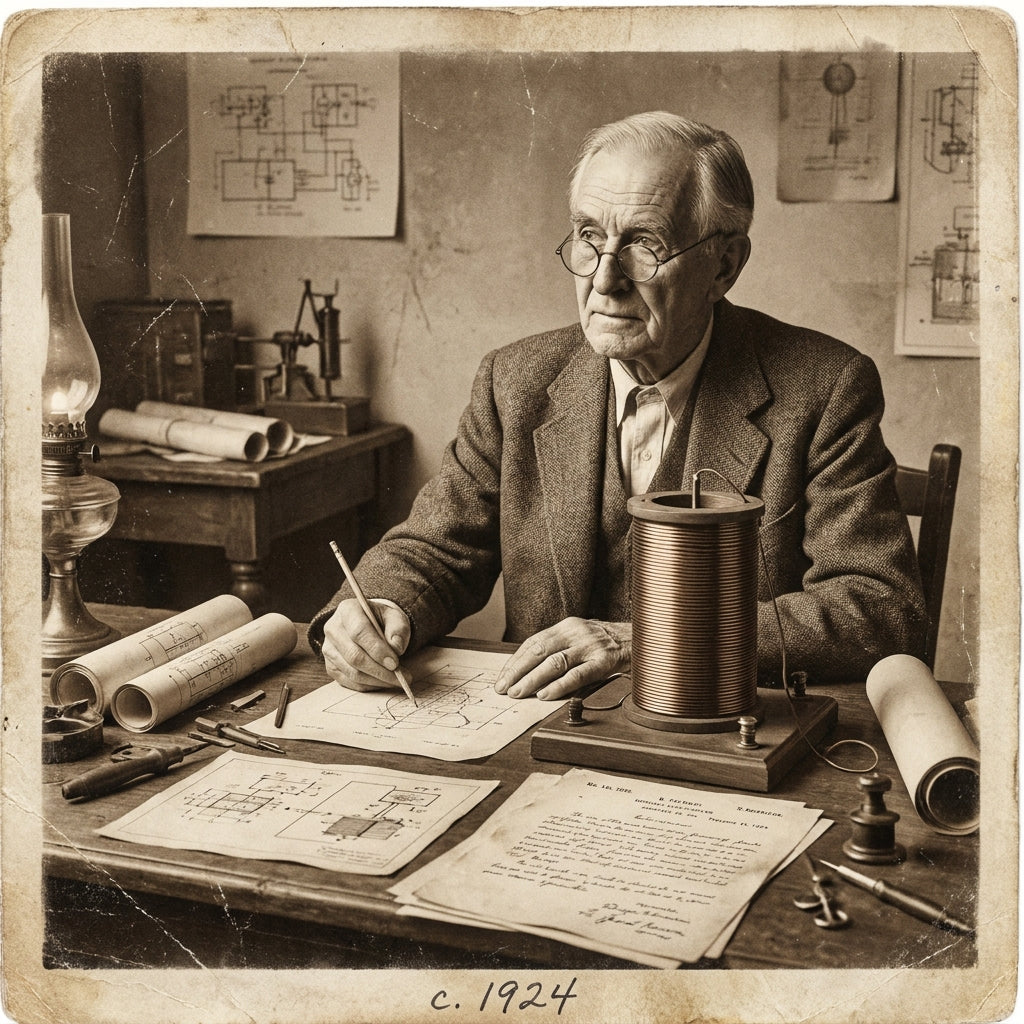 Vintage 1920s photograph of an inventor at a desk with patent papers and a copper coil