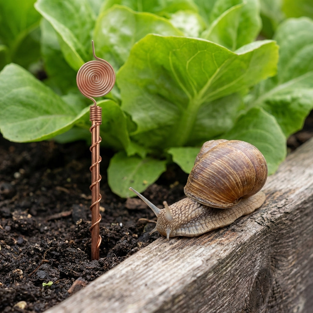 A garden snail at the edge of a bed turning away from a copper antenna, healthy lettuce behind