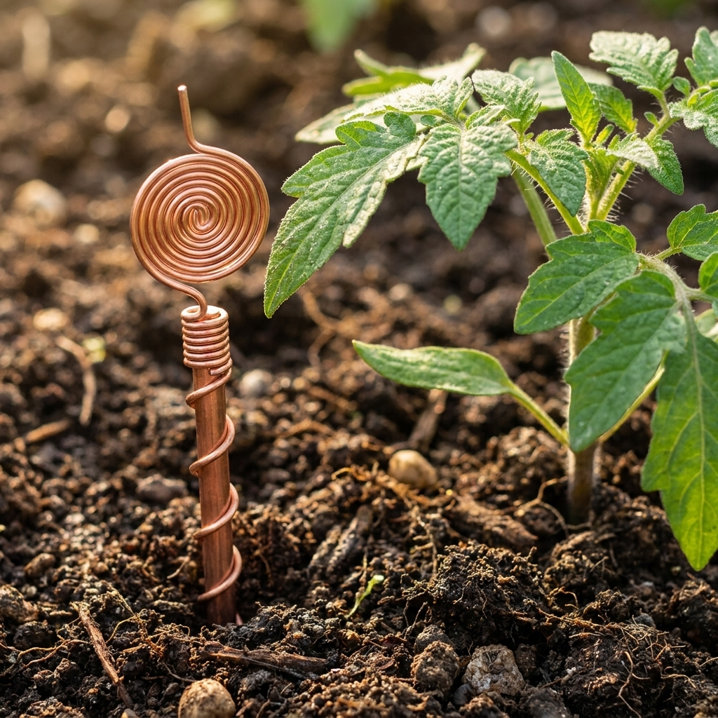 Copper spiral antenna planted in rich soil beside a young tomato plant