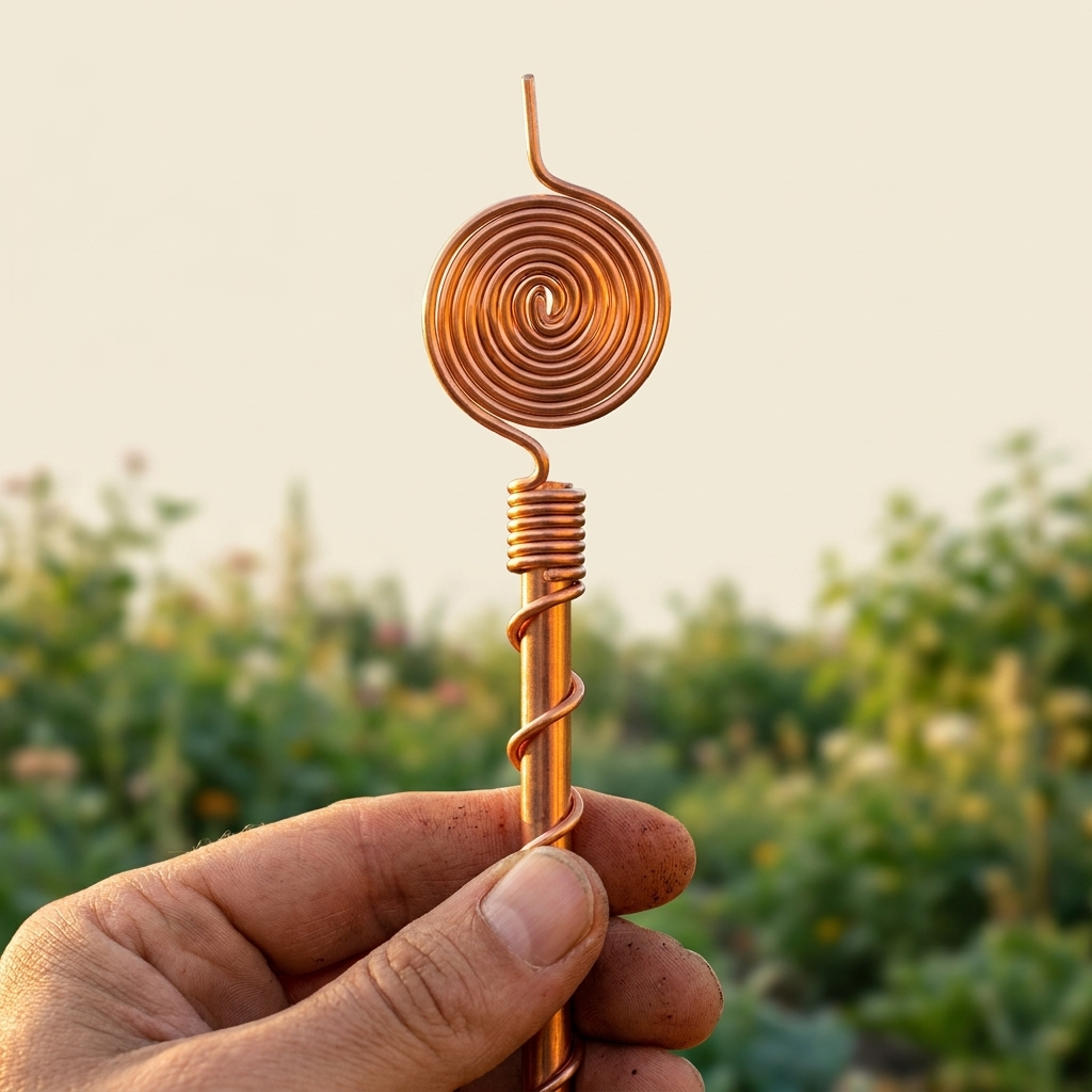 A single hand-wound copper spiral antenna held in a gardener's hand