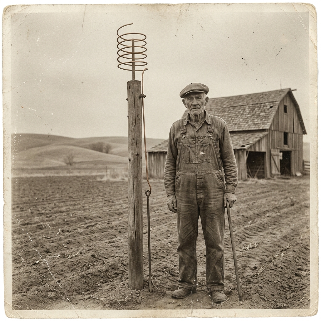 Vintage 1920s photograph of a farmer beside a copper garden antenna