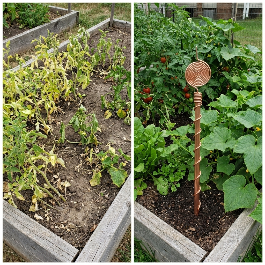 Two garden beds side by side, one sparse and one lush with a copper antenna
