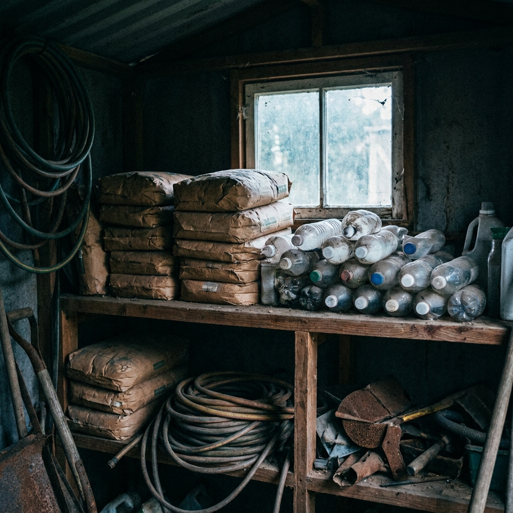 Cluttered shelf of synthetic fertilizer bags and chemical bottles