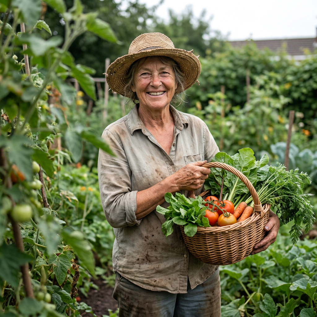 Happy gardener in their 60s holding a basket of fresh vegetables at sunrise