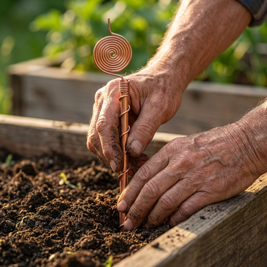 Weathered older hands pushing a copper spiral antenna into garden soil
