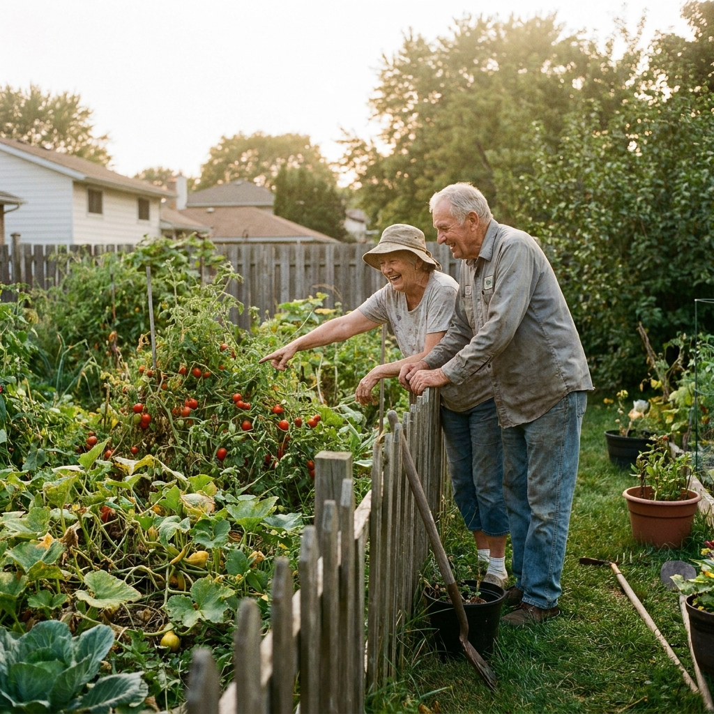 Two older neighbors chatting over a fence beside a thriving vegetable garden