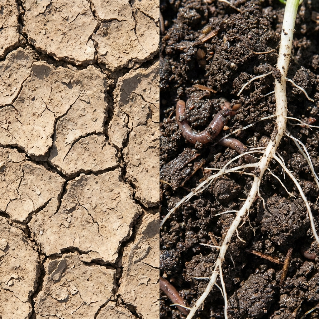 Split close-up of soil, dry and cracked on the left, dark and alive on the right