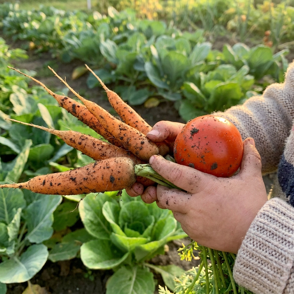Child's hands holding freshly pulled carrots and tomatoes with soil on them