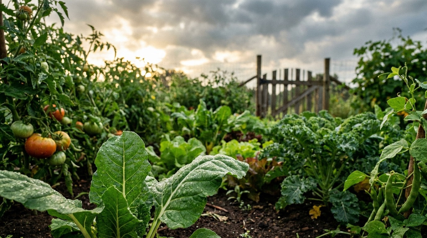 A garden greening up after rain