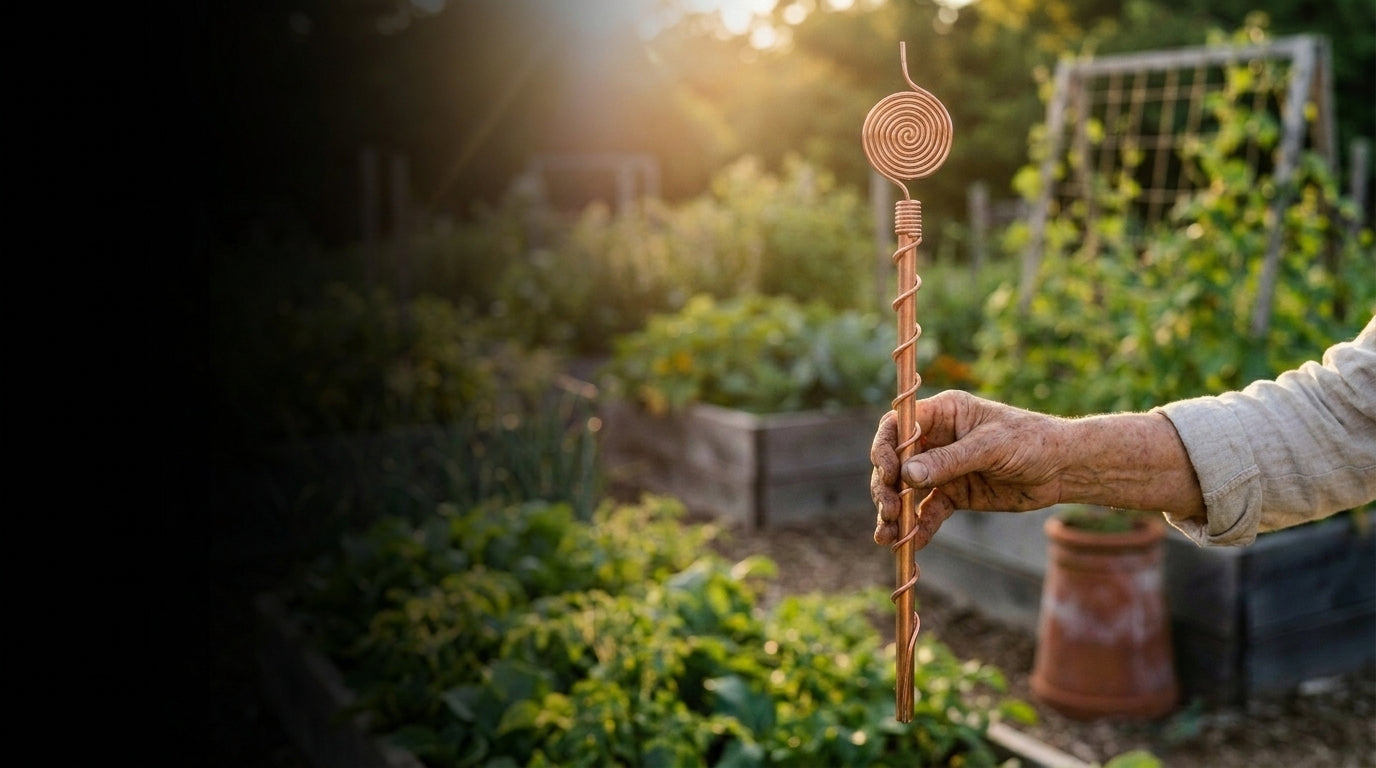 A gardener holding a copper antenna in a sunlit garden