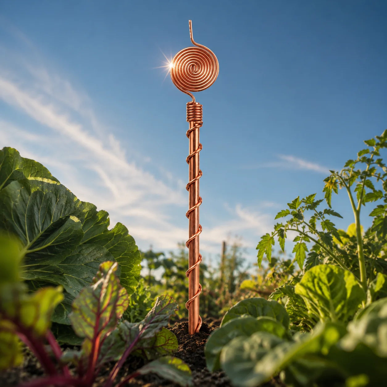 Pure copper electro-culture antenna planted in a garden
