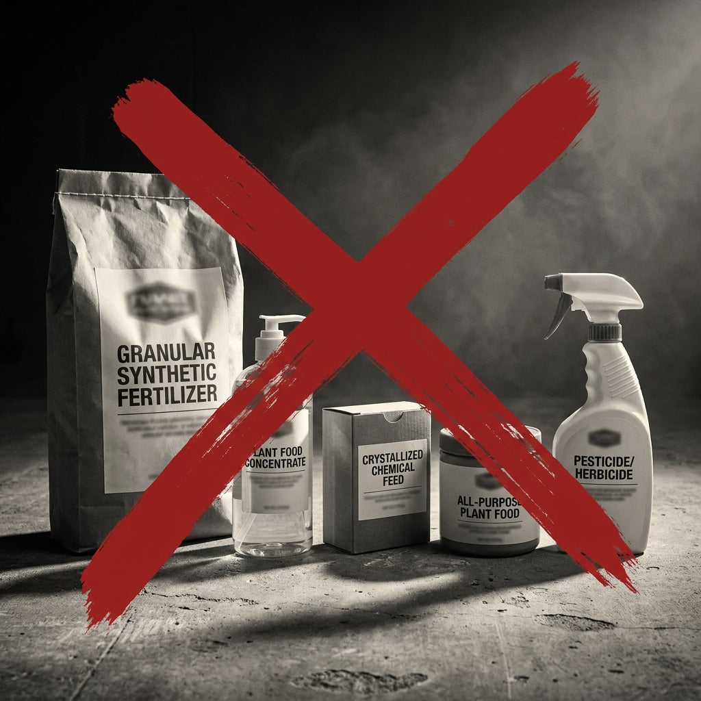 A black and white photo of synthetic fertilizers and pesticides with a large red X over them.