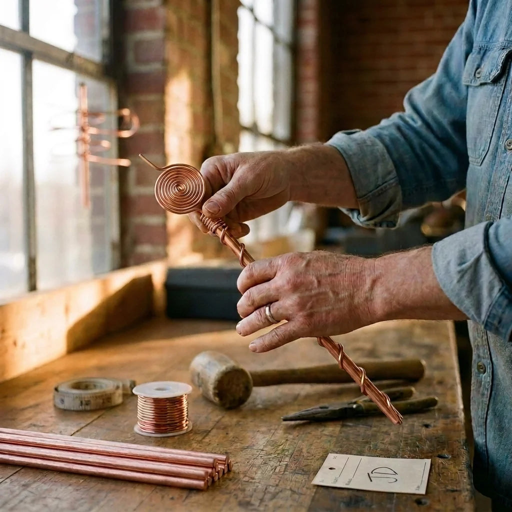 A craftsman winding a solid copper antenna