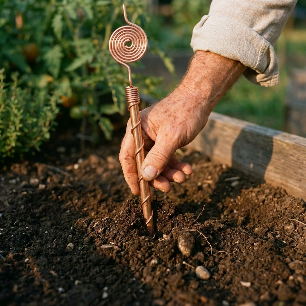 A hand pushing a hand-wound copper antenna into garden soil