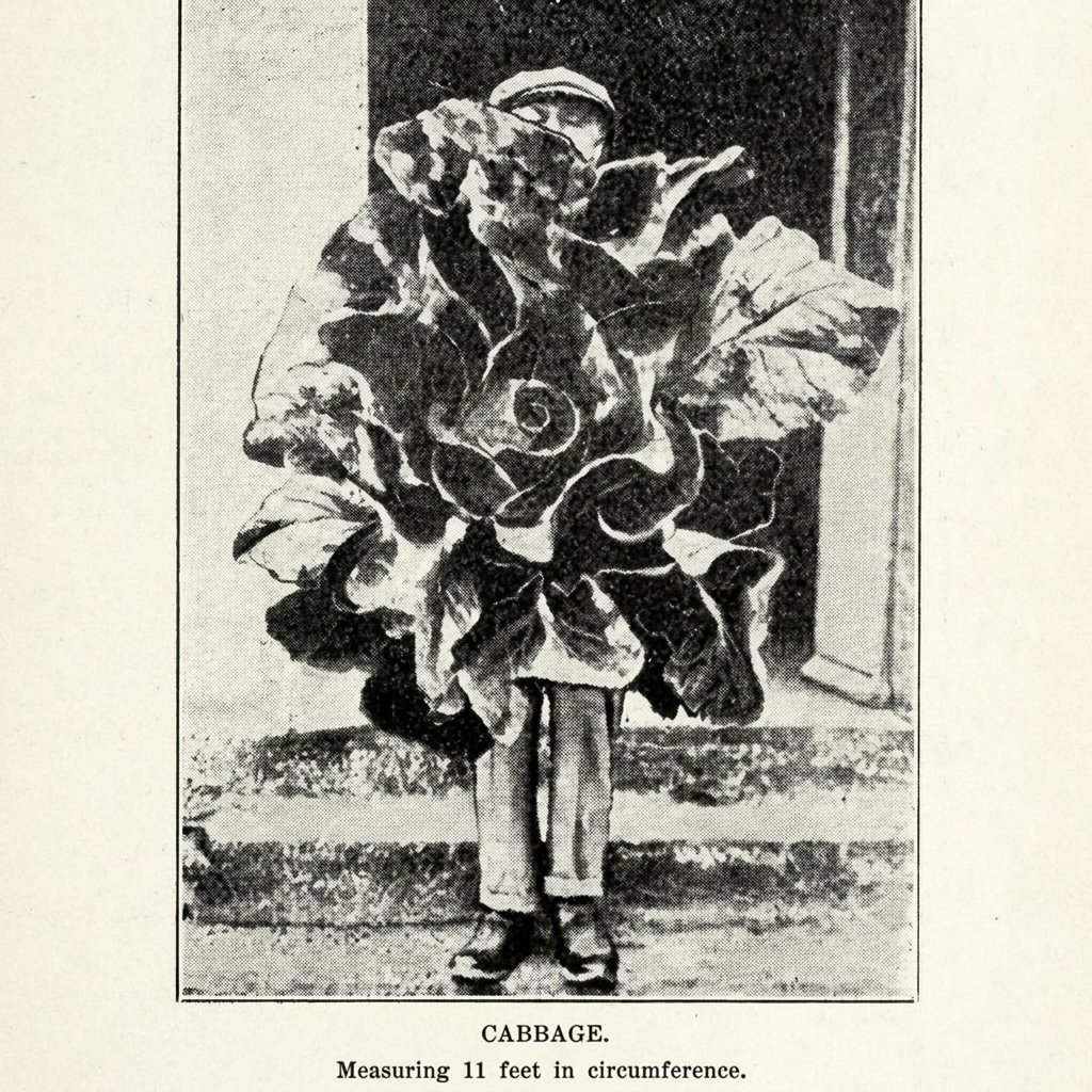 A 1920s photograph of a farmer with a giant harvest