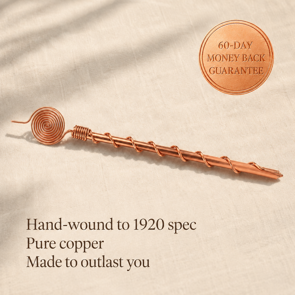 Hand-wound pure copper antenna with 60-day money-back guarantee seal