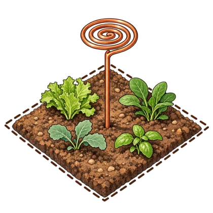 One copper antenna in a small square planting patch